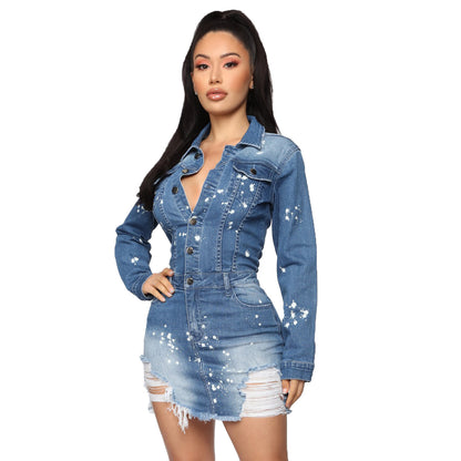 European And American Slim Stretch-breasted Denim Bag Hip Dress