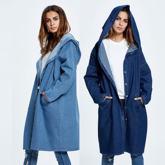 European And American Hooded Long Cardigan Denim Jacket Coat