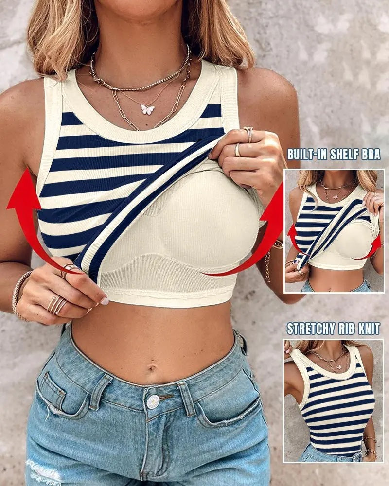 Slim Striped Vest With Bralette Ins Fashion Round Neck Sleeveless Tank Tops For Women Clothing