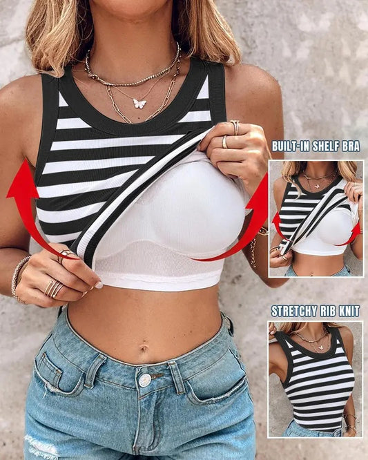 Slim Striped Vest With Bralette Ins Fashion Round Neck Sleeveless Tank Tops For Women Clothing